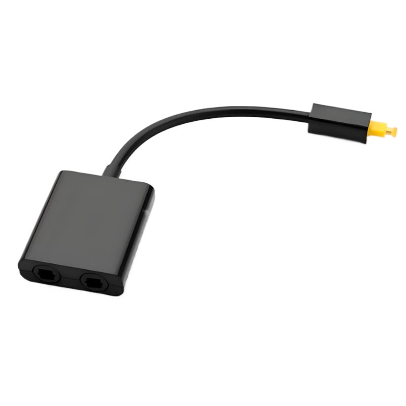 Divisor de audio óptico Toslink negro de Rayoshop Chile, con 1 entrada y 2 salidas, conectores metálicos y cuerpo en ABS para señal digital.