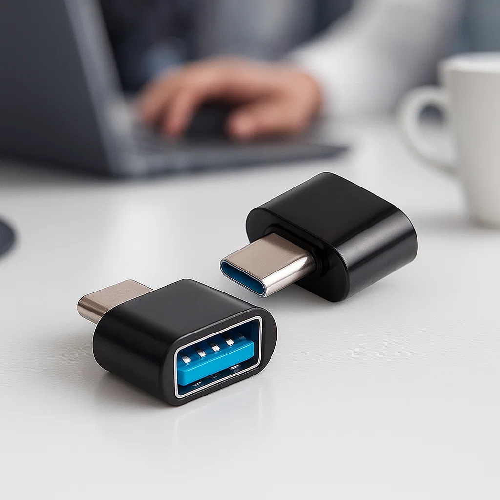 Adaptador USB-C a USB 3.0 negro de EON y Rayoshop Chile, con cuerpo ABS y conectores macho USB-C y hembra USB estándar para carga y data.