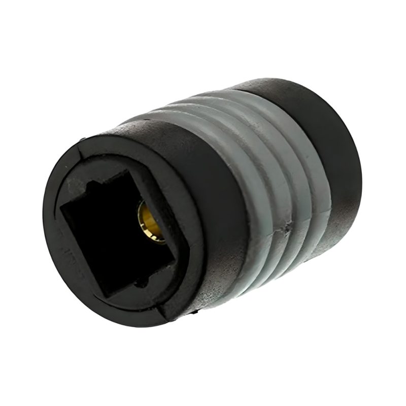 Adaptador copla extensor Toslink EON negro de plástico, con doble conexión óptica hembra para audio digital y fibra óptica.