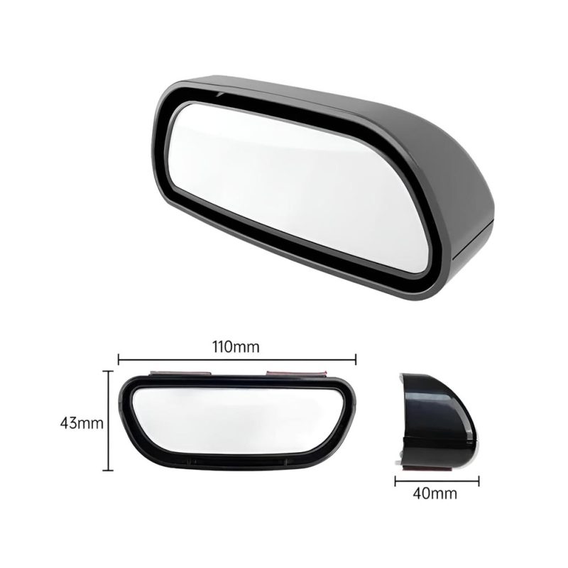 Espejo retrovisor reflector gran angular negro con vista ajustable de 360°, medidas de 110 mm y 43 mm para mejorar el ángulo lateral.