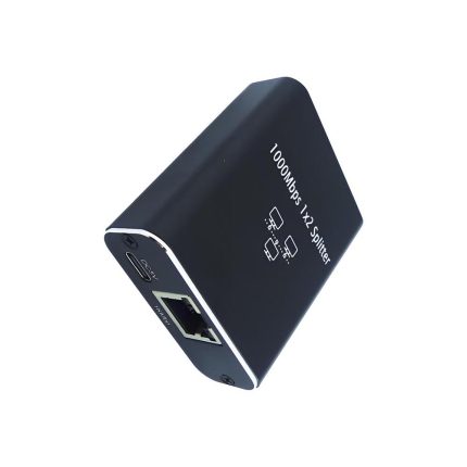 Splitter Doble RJ45 EON negro con entrada RJ45 y dos puertos de salida, compatible con cables UTP Cat5, Cat5e, Cat6, Cat7 y Cat8 a 1000 Mbps.