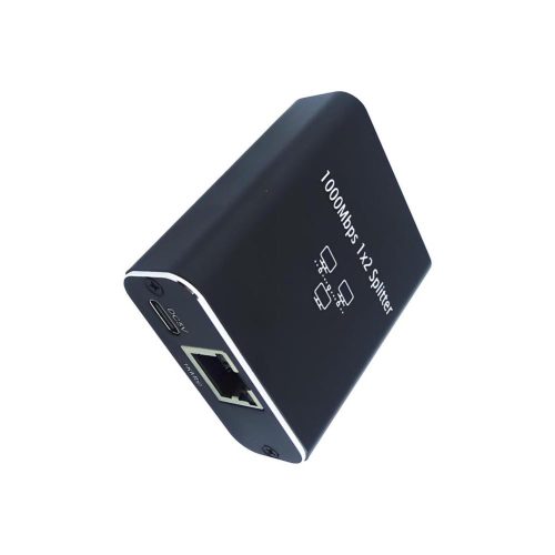 Splitter Doble RJ45 EON negro con entrada RJ45 y dos puertos de salida, compatible con cables UTP Cat5, Cat5e, Cat6, Cat7 y Cat8 a 1000 Mbps.