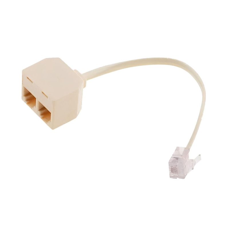 Adaptador divisor RJ11 EON color marfil con un conector macho y dos puertos hembra, fabricado en plástico y metal para línea telefónica.