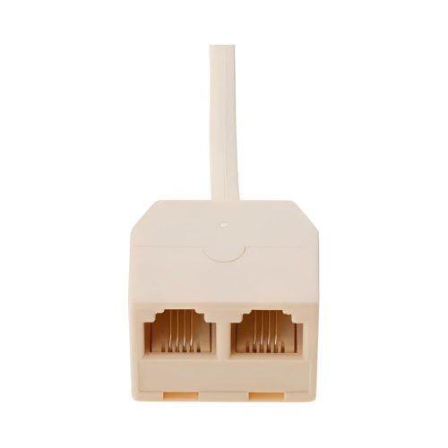 Divisor telefónico RJ11 EON color marfil, con un conector macho y dos puertos hembra 6P4C para líneas de teléfono.