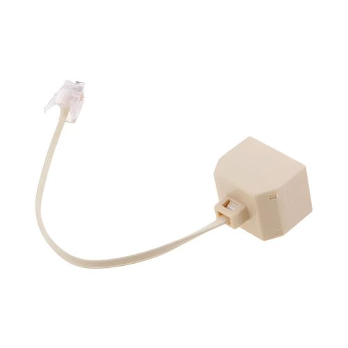 Adaptador divisor RJ11 EON color marfil con un conector macho y dos puertos hembra 6P4C, para línea telefónica y cables de par trenzado.