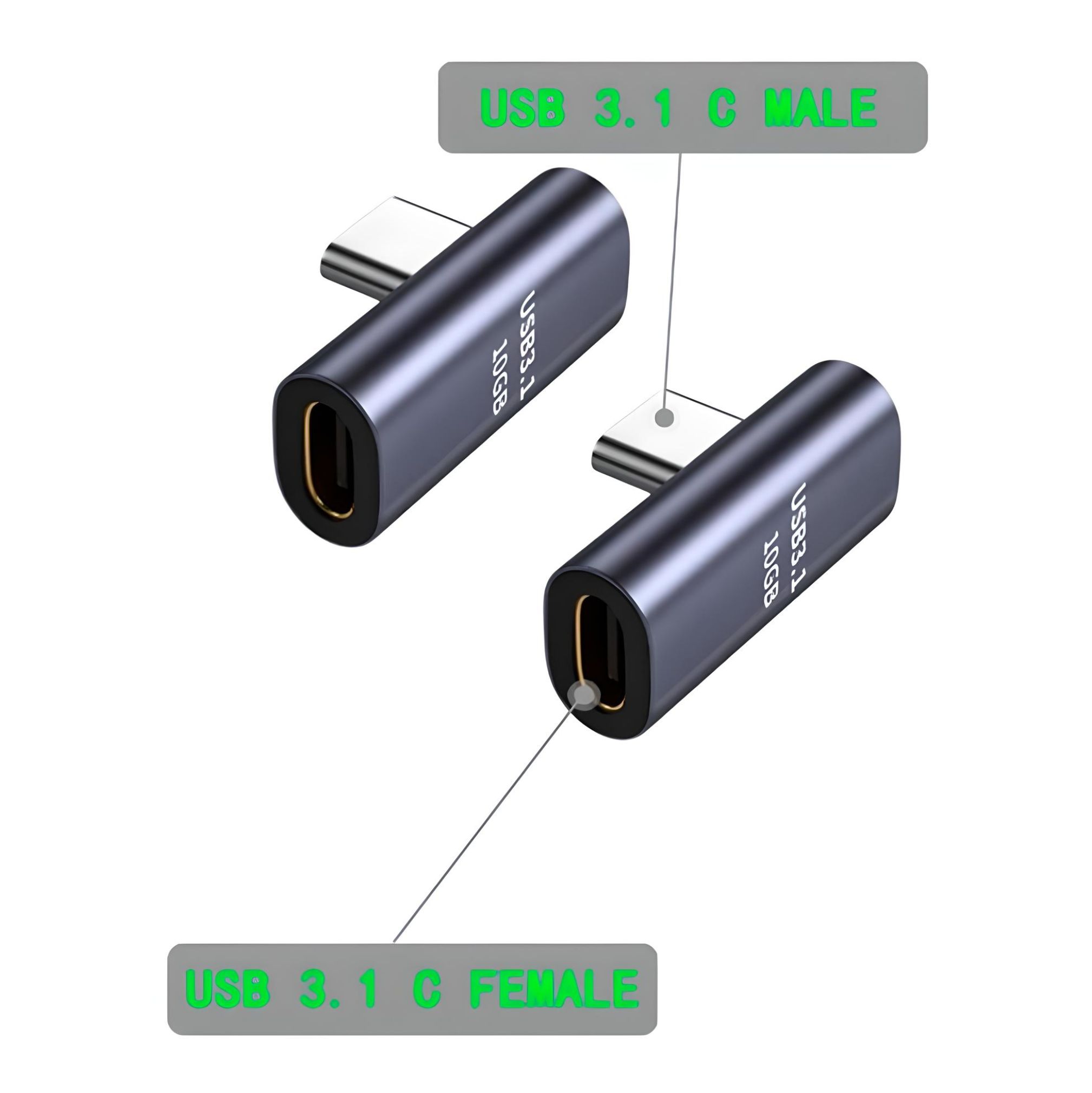 Imagen de un adaptador de ángulo recto USB-C de 90 grados conectado a un ordenador portátil y un monitor. rayoshop