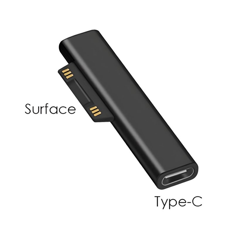 Imagen de un adaptador de carga USB-C de 15 V y 3 A para Microsoft Surface conectado a un ordenador y un dispositivo Surface, disponible en color negro. rayoshop