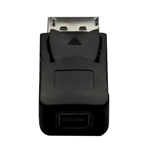 Imagen de un adaptador DisplayPort a Mini DisplayPort conectado a un ordenador portátil y un monitor externo, disponible en color negro. -rayoshop-