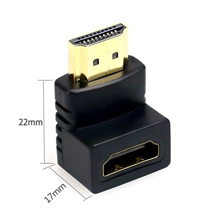 Imagen de un adaptador HDMI 90 grados conector codo conectado a un ordenador y un televisor, compatible con varios dispositivos. -rayoshop