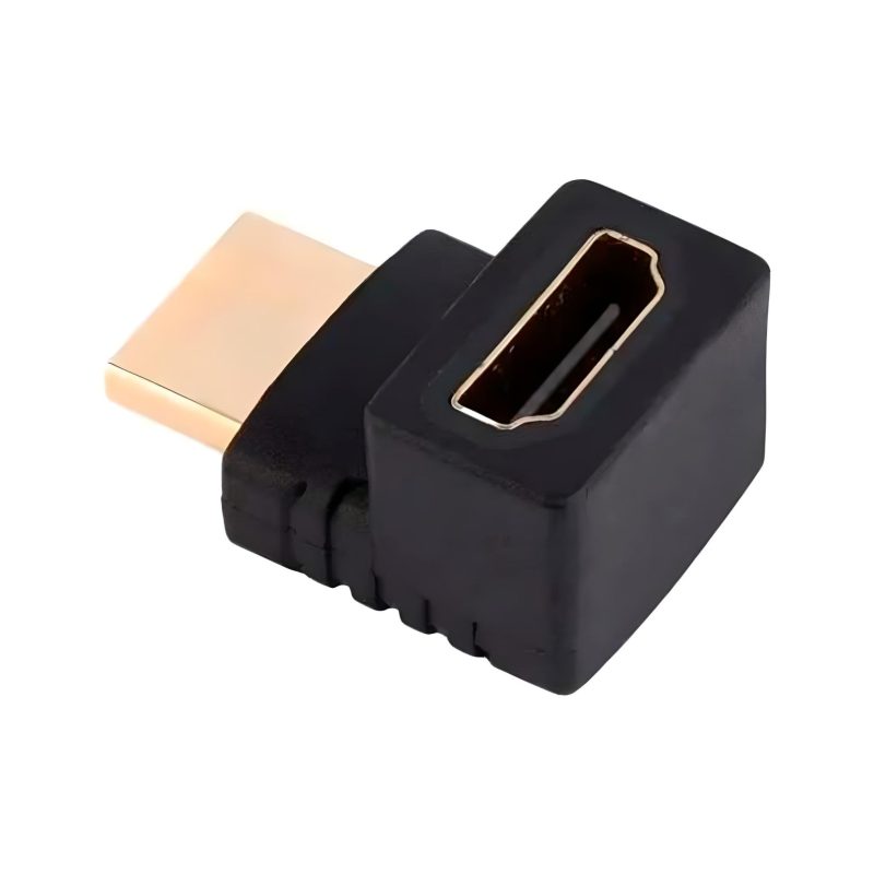 Imagen de un adaptador HDMI 90 grados giro 270 conectado a un ordenador y un monitor, compatible con varios dispositivos. rayoshop