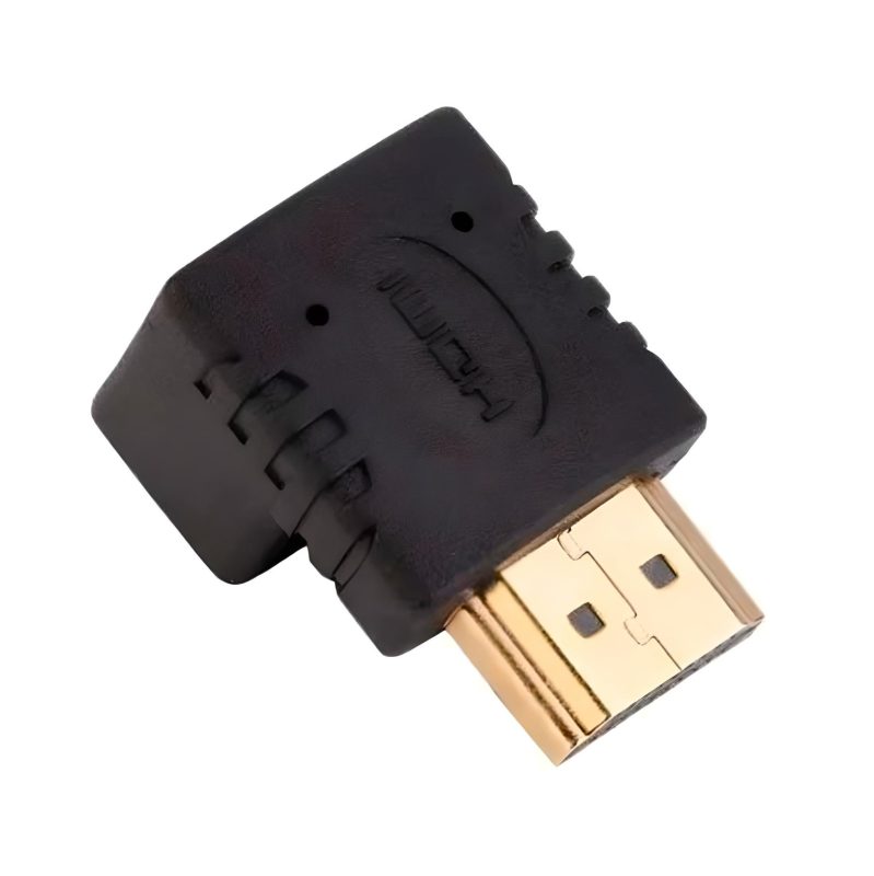 Imagen de un adaptador HDMI 90 grados giro 270 conectado a un ordenador y un monitor, con cable HDMI incluido. rayoshop