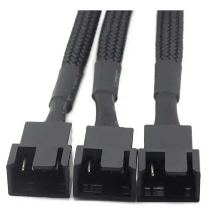 Cable Extensión Adaptador Fan Cooler CPU 4 Pin PWM 3 a 1 en negro, con manga trenzada de 15 cm y conectores hembra para ventiladores.