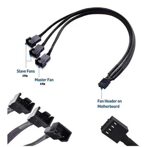 Cable Extensión Adaptador Fan Cooler CPU 4 Pin PWM 3 a 1 en negro, con conector hembra y tres conectores macho para ventiladores 4 pines.