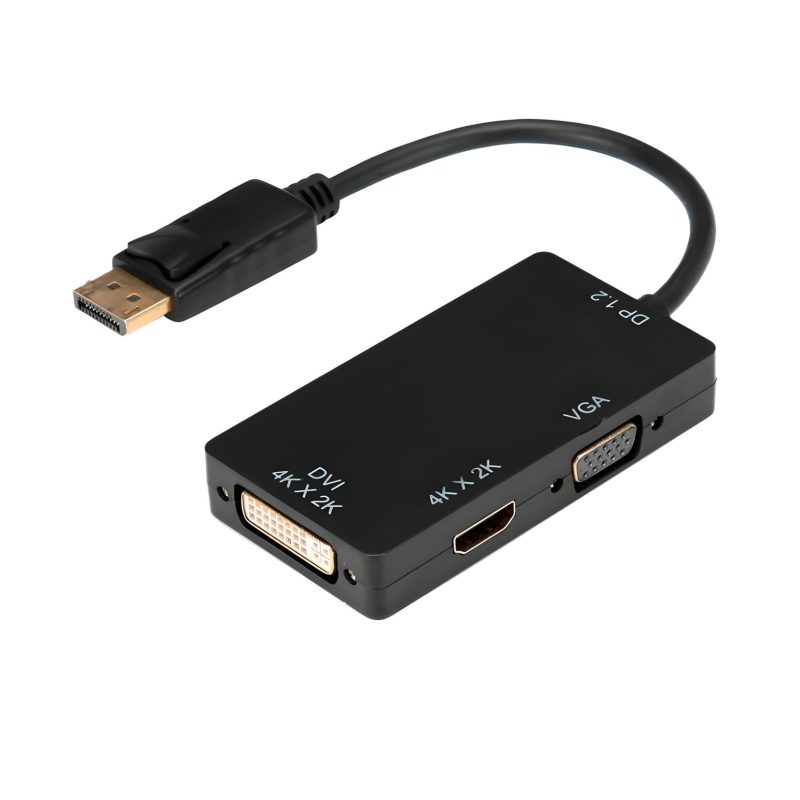 Imagen de un mini adaptador Thunderbolt HDMI 1080p conectado a un portátil MacBook Pro y a un monitor externo, disponible en color negro. -rayoshop-