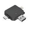 Lector de tarjetas SD y Micro SD 3 en 1 de Rayoshop Chile, en color negro y ABS plástico, con conectores USB, USB-C y Lightning para iPhone.