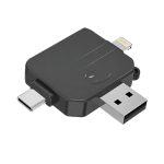 Lector de tarjetas SD y Micro SD 3 en 1 de Rayoshop Chile, en color negro y ABS plástico, con conectores USB, USB-C y Lightning para iPhone.