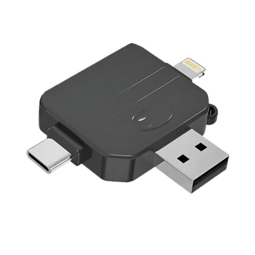 Lector de tarjetas SD y Micro SD 3 en 1 de Rayoshop Chile, en color negro y ABS plástico, con conectores USB, USB-C y Lightning para iPhone.