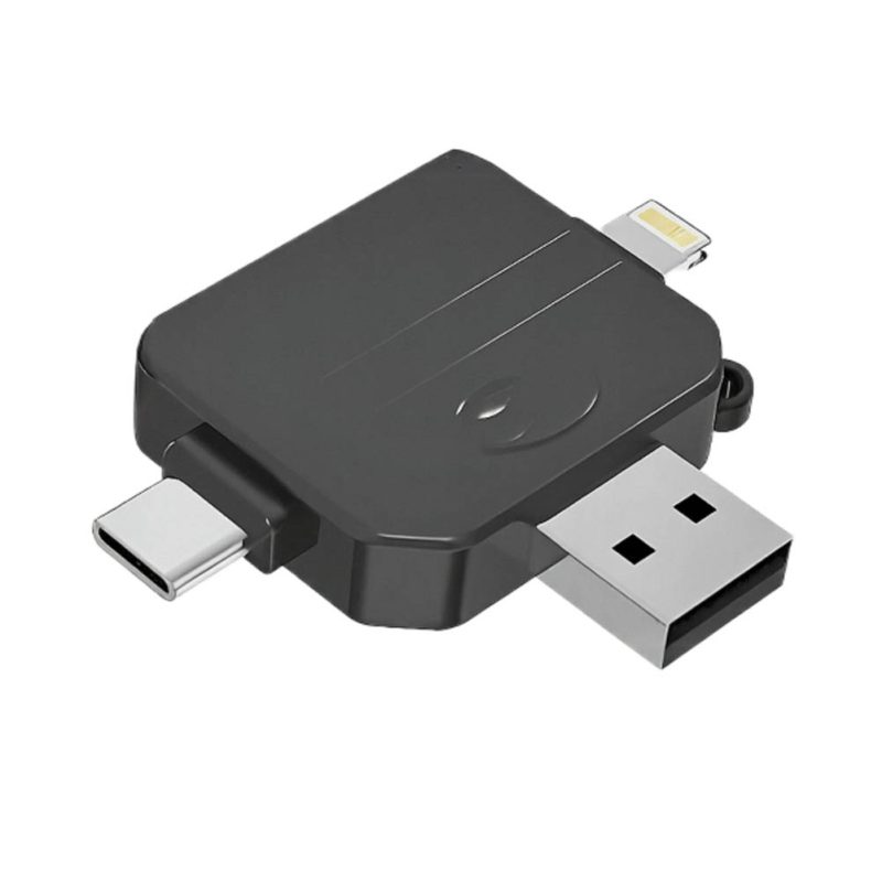 Lector de tarjetas SD y Micro SD 3 en 1 de Rayoshop Chile, en color negro y ABS plástico, con conectores USB, USB-C y Lightning para iPhone.
