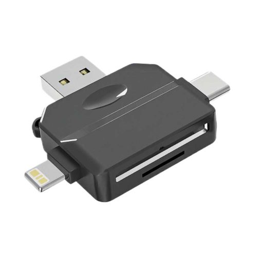Adaptador lector de tarjetas 4 en 1 negro de ABS con puertos USB, USB-C y Lightning, además de ranuras SD y micro SD para iOS y Android.