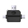 Lector de tarjetas 4 en 1 en negro, con conexiones USB-C, USB y Lightning para SD y Micro SD, compatible con iOS, Android y Huawei.