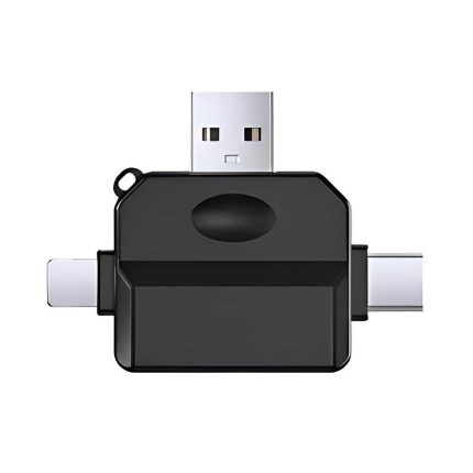 Lector de tarjetas 4 en 1 en negro, con conexiones USB-C, USB y Lightning para SD y Micro SD, compatible con iOS, Android y Huawei.