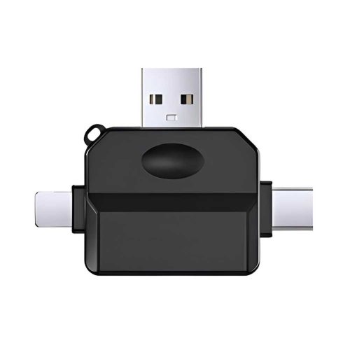 Lector de tarjetas 4 en 1 en negro, con conexiones USB-C, USB y Lightning para SD y Micro SD, compatible con iOS, Android y Huawei.