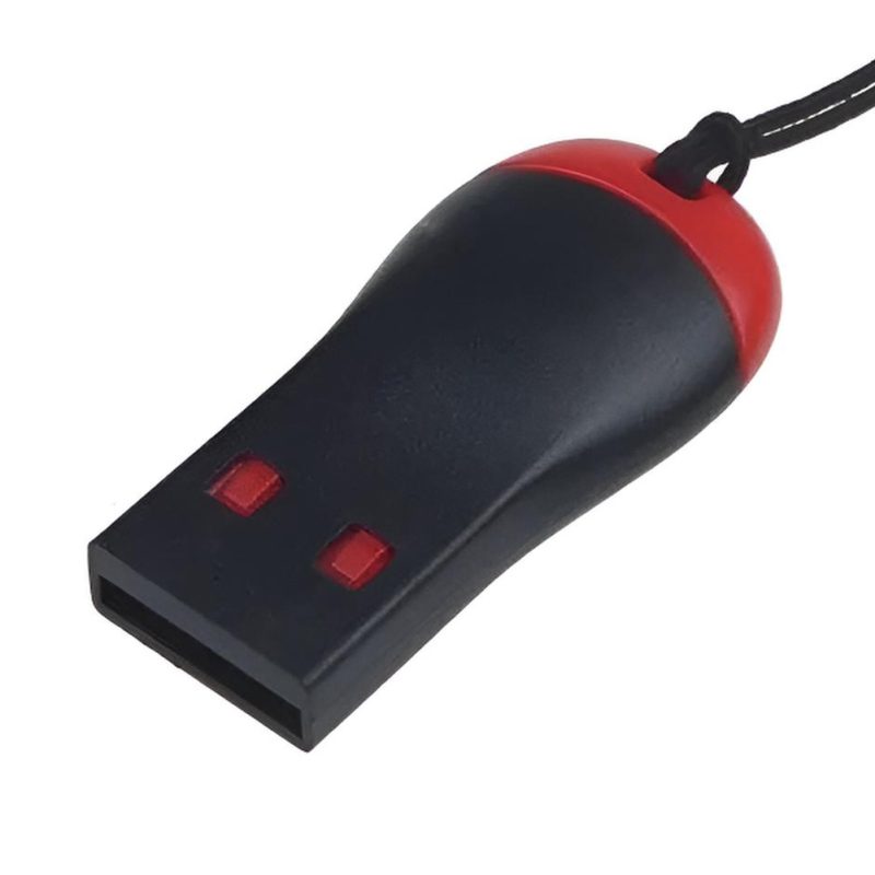 Un lector de tarjetas Micro SD negro con detalles rojos y cable, sobre fondo blanco, con conector USB y diseño compacto.