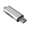 Lector de tarjetas EON de ABS plástico negro con conectores USB-C, USB y Lightning, compatible con SD y Micro SD para transferencias rápidas.