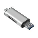 Lector de tarjetas EON de ABS plástico negro con conectores USB-C, USB y Lightning, compatible con SD y Micro SD para transferencias rápidas.