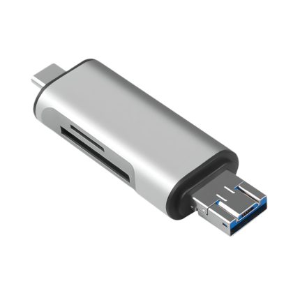 Lector de tarjetas EON de ABS plástico negro con conectores USB-C, USB y Lightning, compatible con SD y Micro SD para transferencias rápidas.