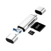 Lector Tarjeta Memoria SD y Micro SD 5 en 1 EON en color negro, con puertos USB-C, USB, Lightning y ranuras SD y Micro SD.