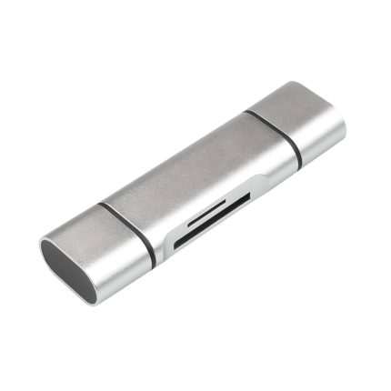 Lector de tarjetas EON en acabado plateado, con puertos SD y Micro SD, además de conectores USB-C, USB y Lightning para transferencia de datos.