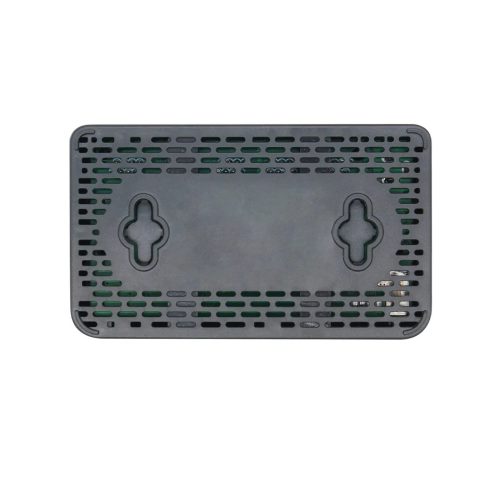 Base negra del Switch Extensor 5 Puertos RJ45 1000 Mbps EON, con ranuras de ventilación y soporte mural para ampliar red a 1 Gbps.