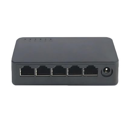 Switch Extensor EON negro de 5 puertos RJ45, con conexión Gigabit de 1000 Mbps y formato compacto para ampliar la red en hogar u oficina.