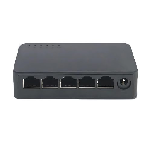 Switch Extensor EON negro de 5 puertos RJ45, con conexión Gigabit de 1000 Mbps y formato compacto para ampliar la red en hogar u oficina.