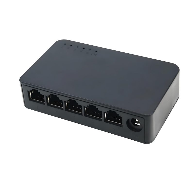 Switch extensor EON negro de 5 puertos RJ45 para red Ethernet, con velocidad de 1000 Mbps y conexión rápida para ampliar la conectividad.