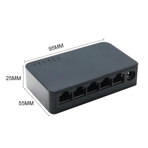 Switch Extensor 5 Puertos RJ45 1000 Mbps EON negro, con diseño compacto y medidas de 95 mm, 55 mm y 25 mm para conexión de red rápida.