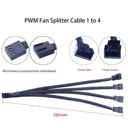 Cable divisor PWM Fan Splitter Cable 1 to 4 trenzado negro, de 15 cm, con conector hembra 1-TX4 y cuatro salidas 4 pin para placa base.