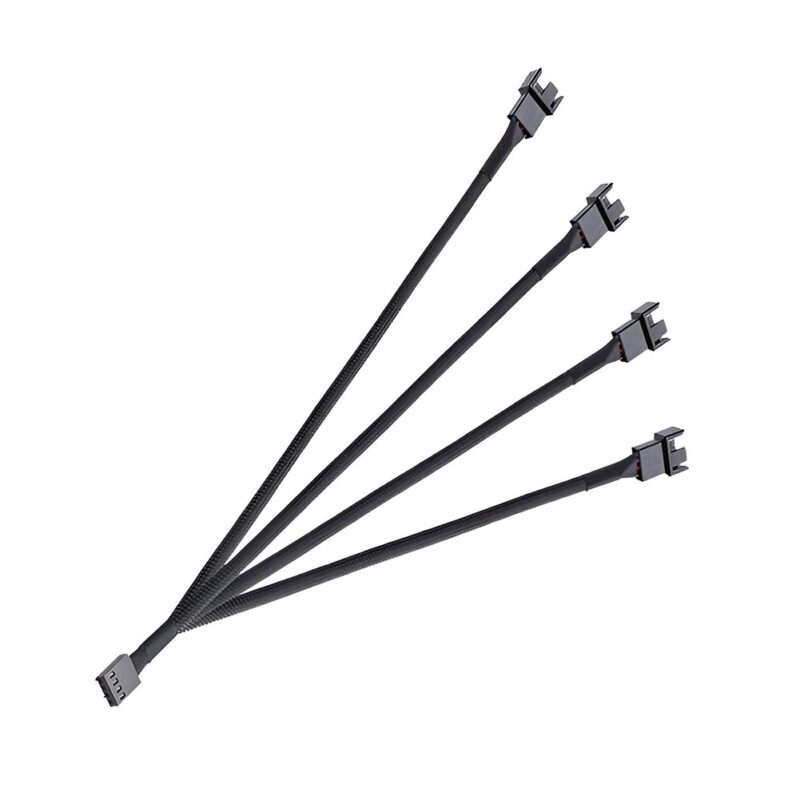 Cable Multiconector de Ventiladores a Placa Base de PWM 1 a 4 en color negro, con conector hembra TX4 de 4 pines y cuatro salidas para refrigeración.