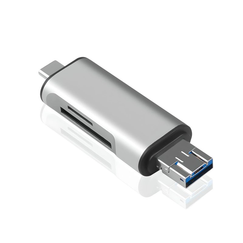 Lector de tarjetas USB tipo C y micro USB RayoShop, con un diseño compacto y ligero que facilita su transporte.