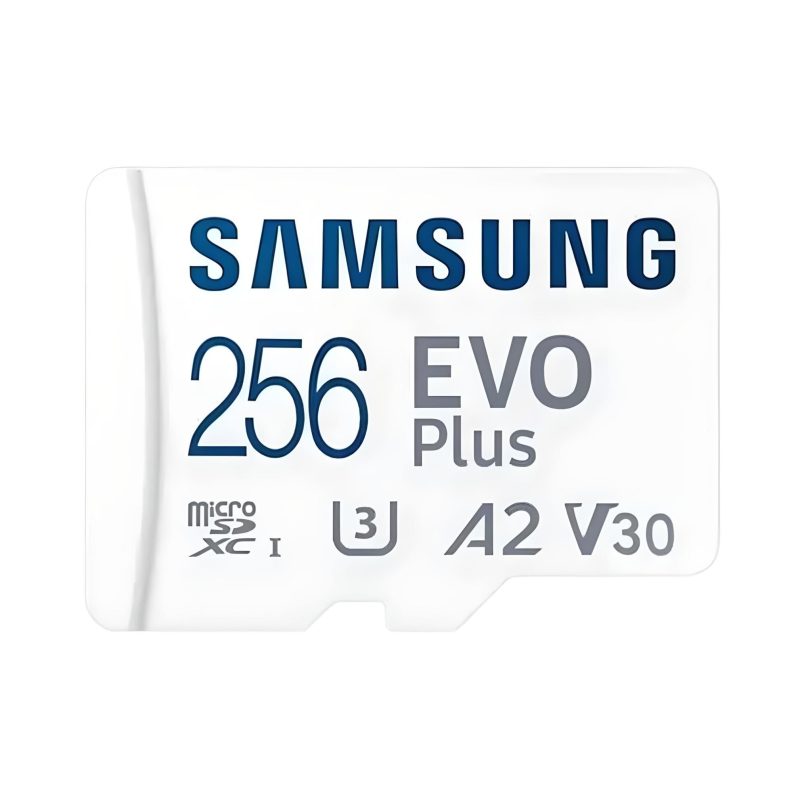 Tarjeta MicroSDXC Samsung EVO Plus 256GB, resistente al agua, a la temperatura y a los golpes.