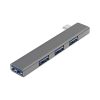 Un hub USB-C EON de aluminio gris muestra cuatro puertos USB laterales y un conector macho compacto para ampliar la conectividad del equipo.