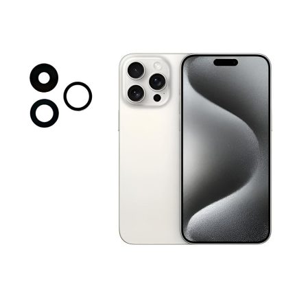 Vidrio cámara trasera para iPhone 15 Pro con calce exacto, vidrio templado y medidas de 12,9 mm x 12,9 mm, con adhesivo y kit de limpieza.
