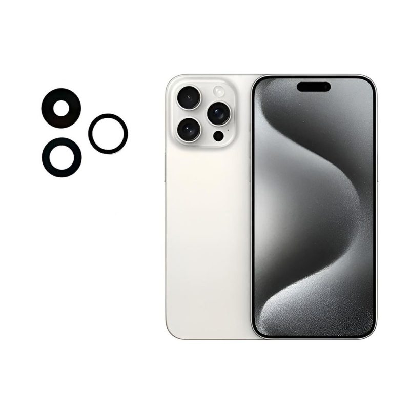 Vidrio cámara trasera para iPhone 15 Pro con calce exacto, vidrio templado y medidas de 12,9 mm x 12,9 mm, con adhesivo y kit de limpieza.