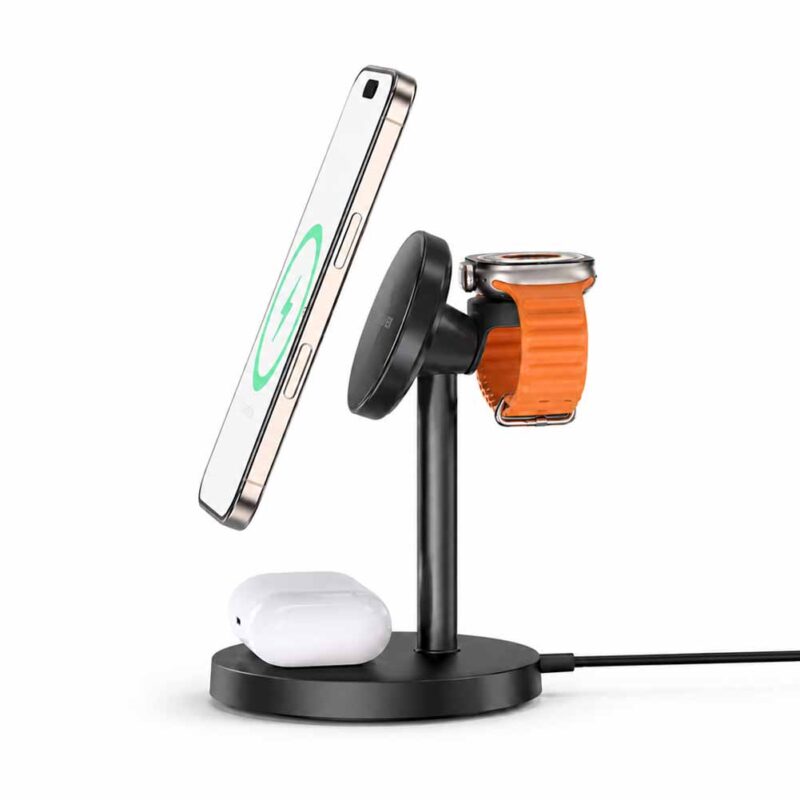 Base de carga inalámbrica Awei 3 en 1 negra con soporte para iPhone, Apple Watch y AirPods, con diseño plegable y vertical, compacto sobre mesa.