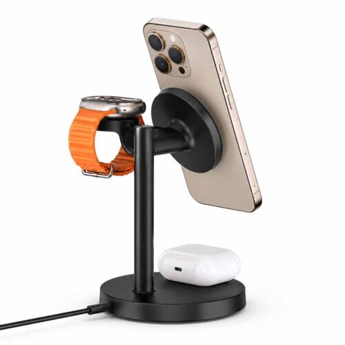 Base de carga inalámbrica Awei 3 en 1 negra con soporte para iPhone, Apple Watch y AirPods, con diseño plegable y vertical, compacto sobre mesa.