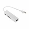 Un adaptador hub blanco con cable USB-C muestra tres puertos USB-A y un puerto RJ45 Ethernet sobre fondo blanco.