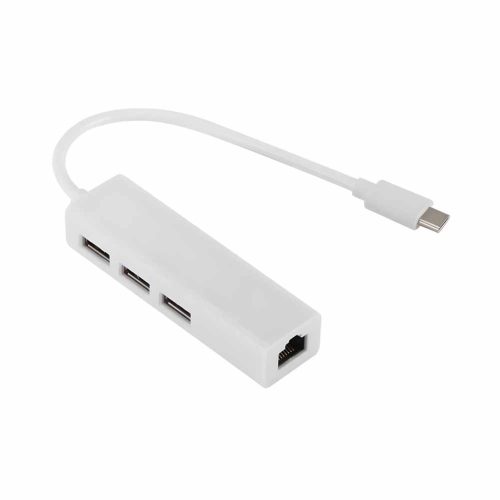 Un adaptador hub blanco con cable USB-C muestra tres puertos USB-A y un puerto RJ45 Ethernet sobre fondo blanco.