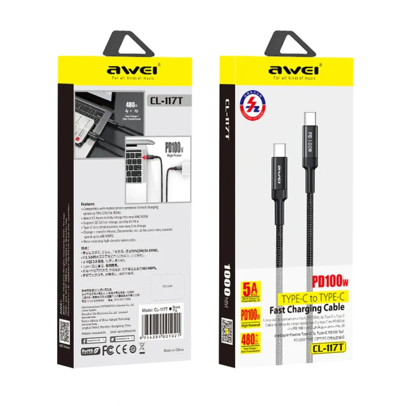 Cable USB-C a USB-C AWEI 1m 100W Rayoshop