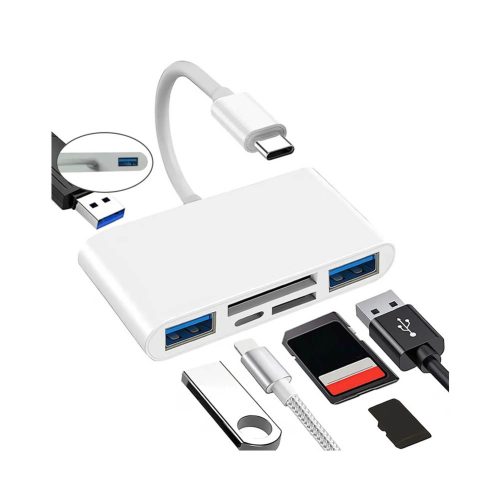 Un hub 6 en 1 blanco con conector USB-C, dos puertos USB-A, ranuras SD y microSD, junto a una memoria USB y tarjetas de memoria.